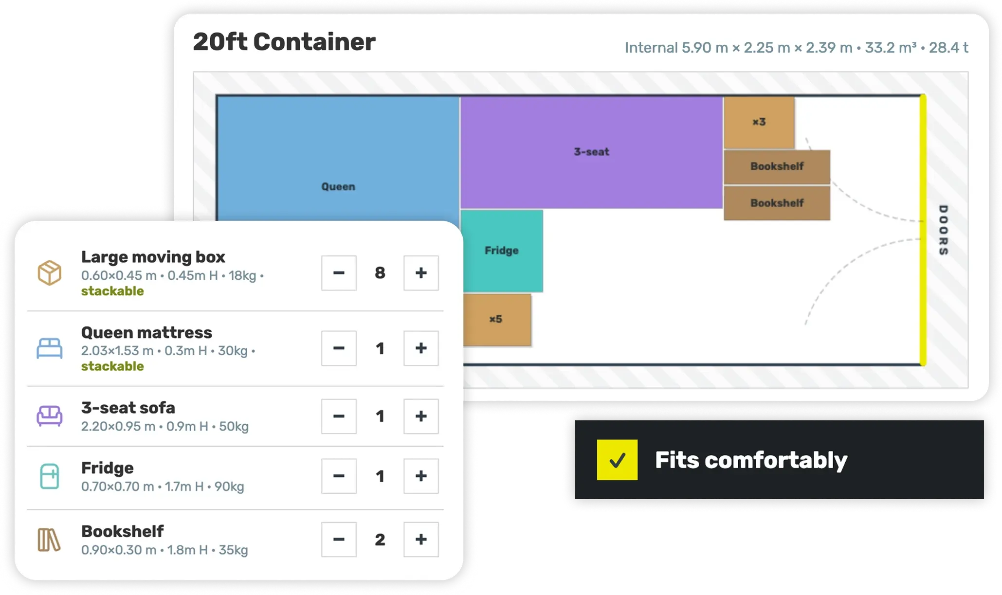 1300 Sparebox Visualiser preview showing container packing calculator